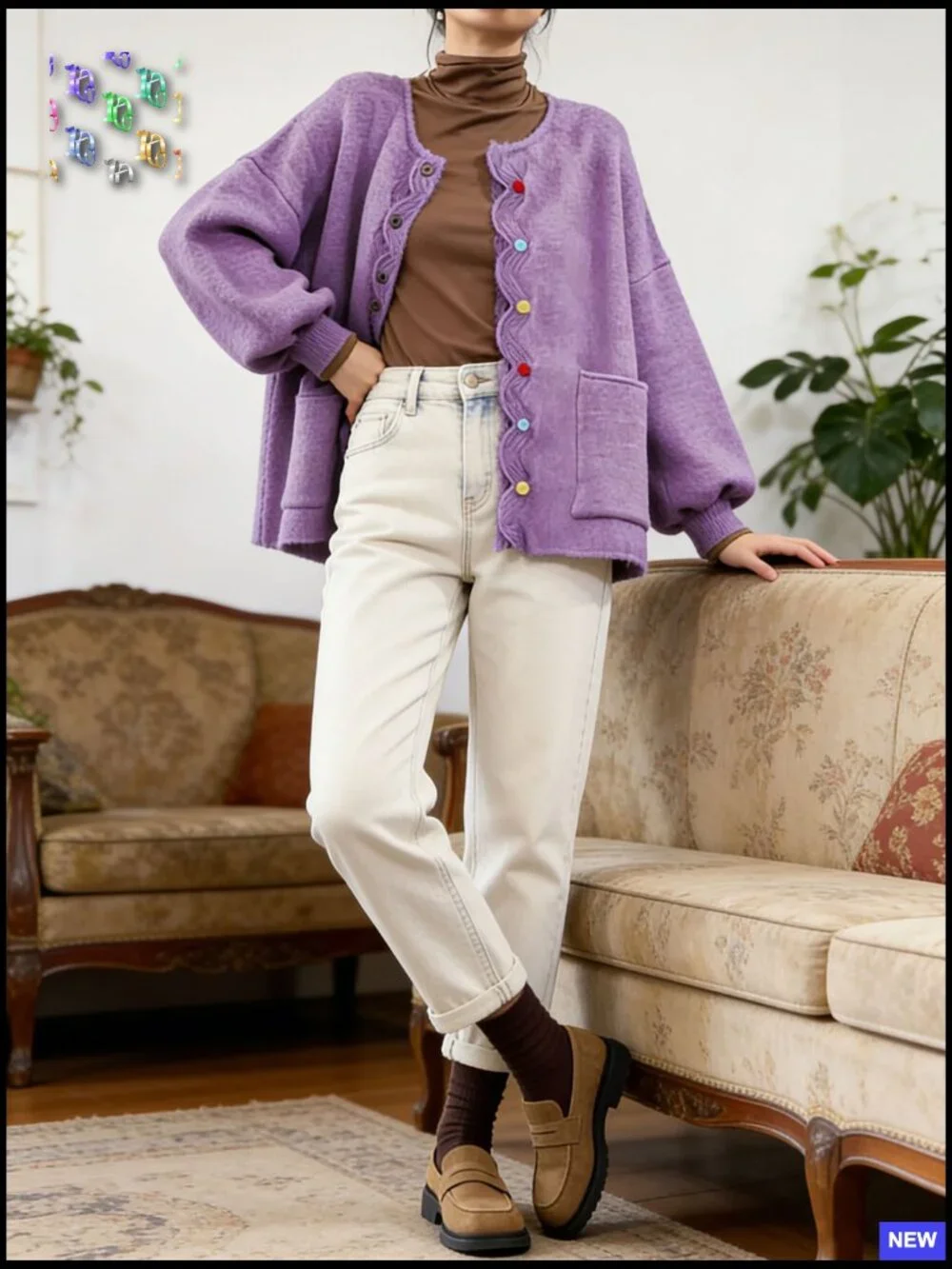 Loose Knit Cardigan Oversized Puff Sleeve Button Sweater Top with Pockets - Picture 6 of 6